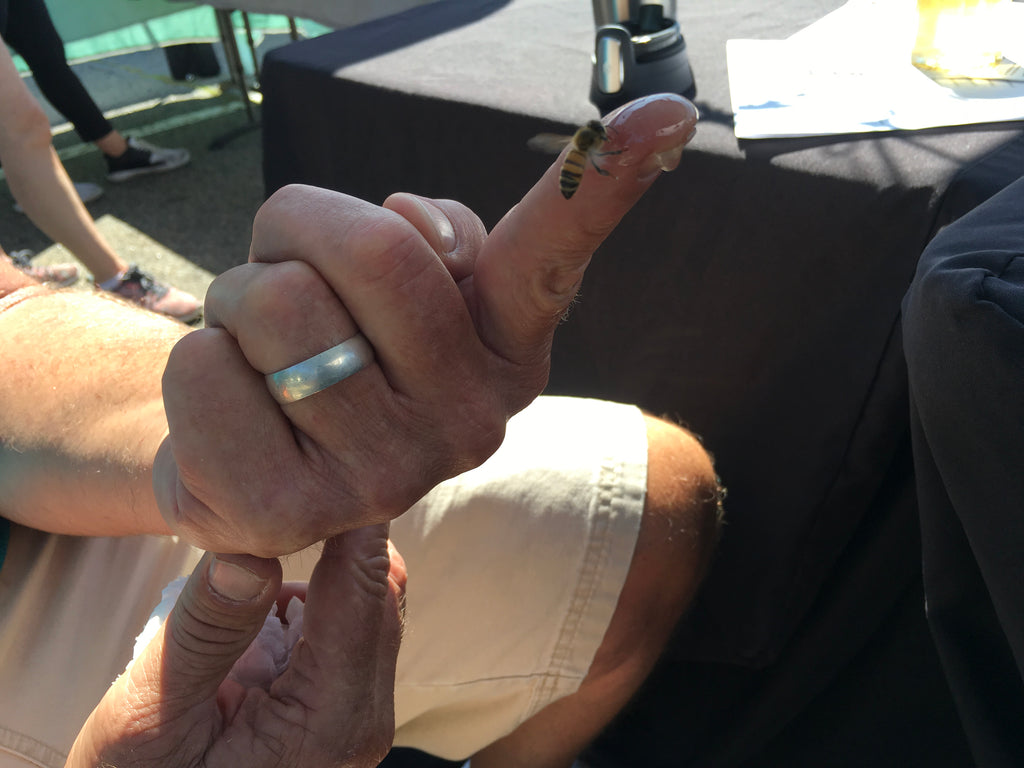 Sal hand feeding a honeybee at the Farmers Market